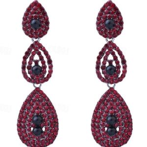 Silver w/Red 1920's Gatsby Style Vintage Teardrop Chandelier Flapper Earrings